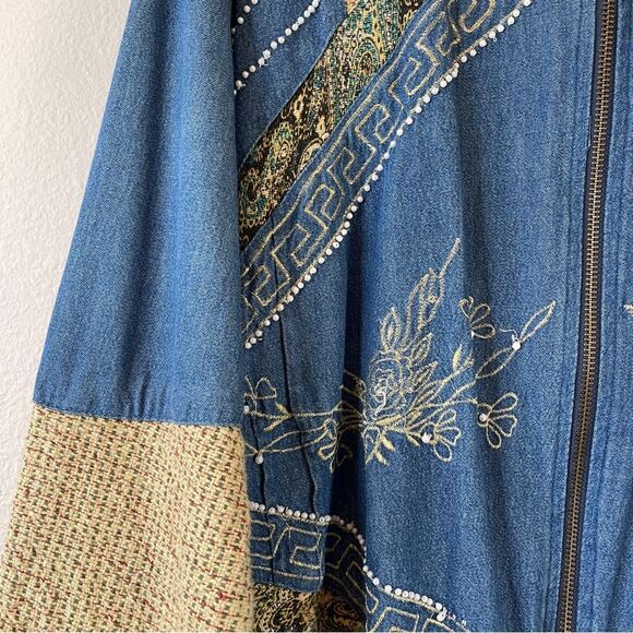 Tapestry Denim Swing Shacket Tweed Trim Pearls Zipper Front Vintage 2X - Picture 4 of 8